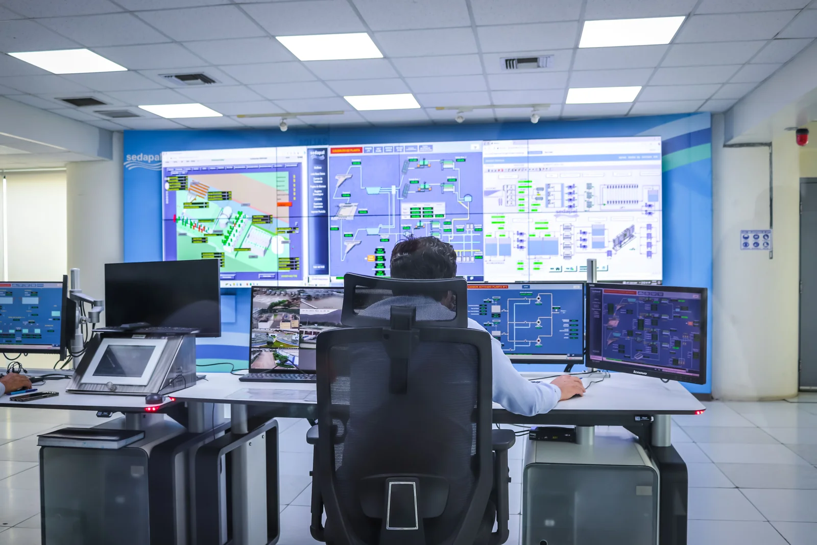 Supervisión de datos y diagramas de planta en una sala de control